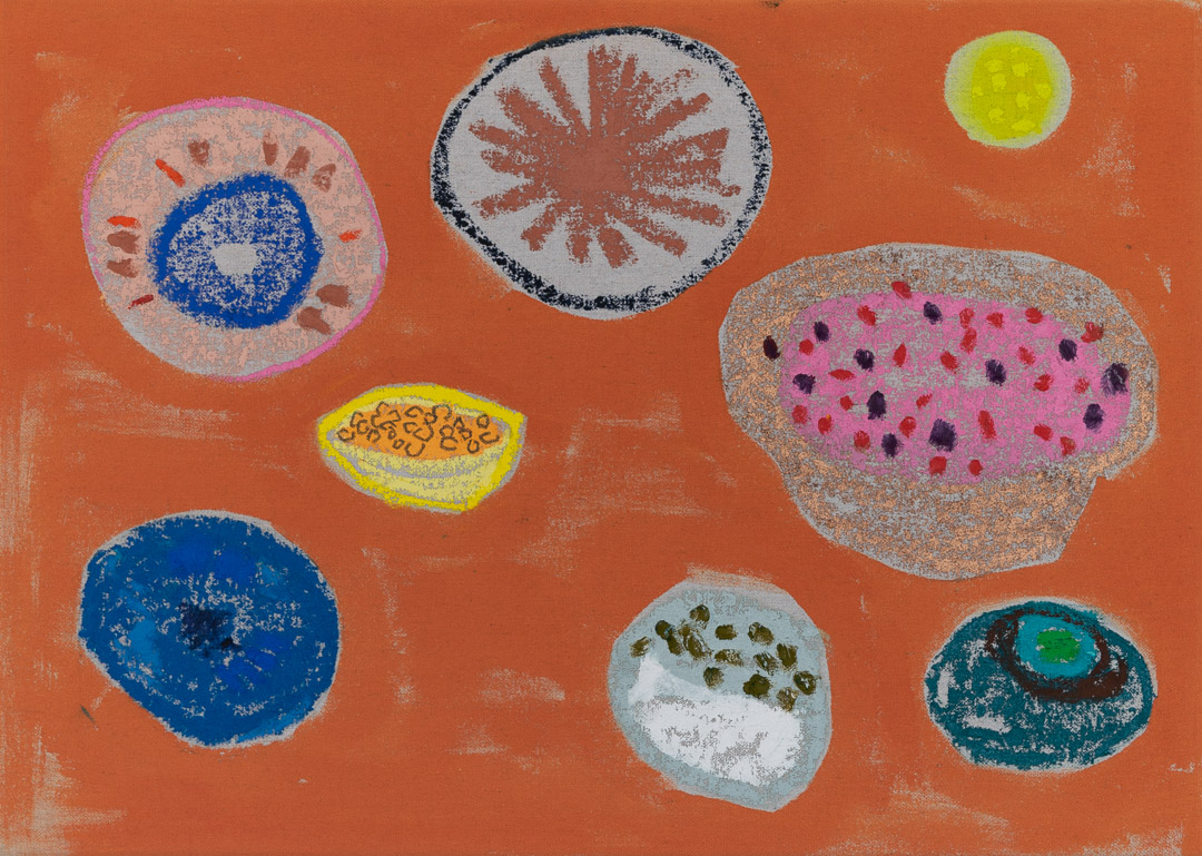 Abstract composition on burnt orange background featuring nine organic, circular and oval forms rendered in various colors including blue, pink, yellow, white, and teal, with textured surfaces created through mixed media techniques including stippling, radiating lines, and speckled patterns.