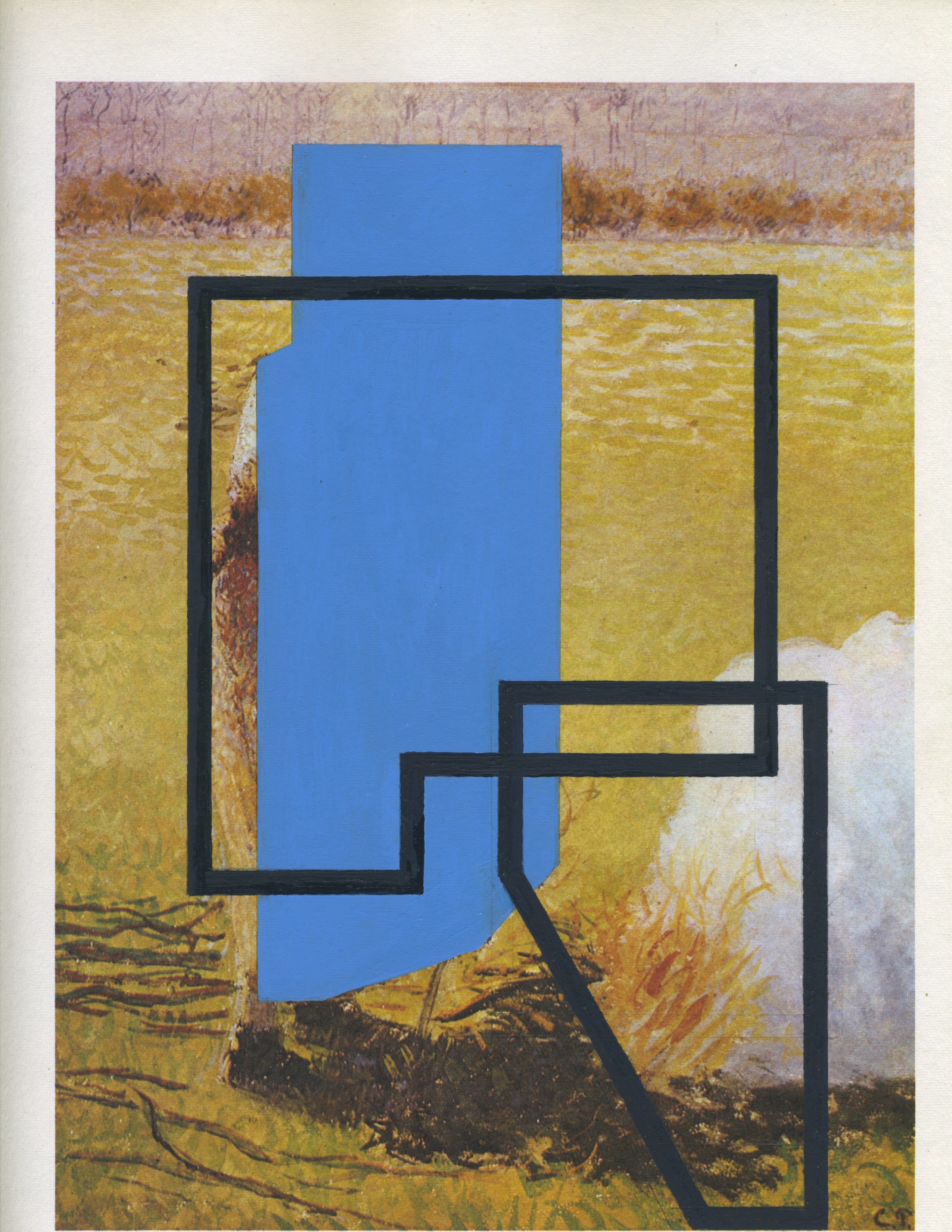 A geometric composition featuring a bold blue vertical rectangle overlaid with black linear frames on a textured yellow and ochre background. The layered forms create a modernist abstraction that intersects with impressionistic brushwork and earthy tones beneath.
