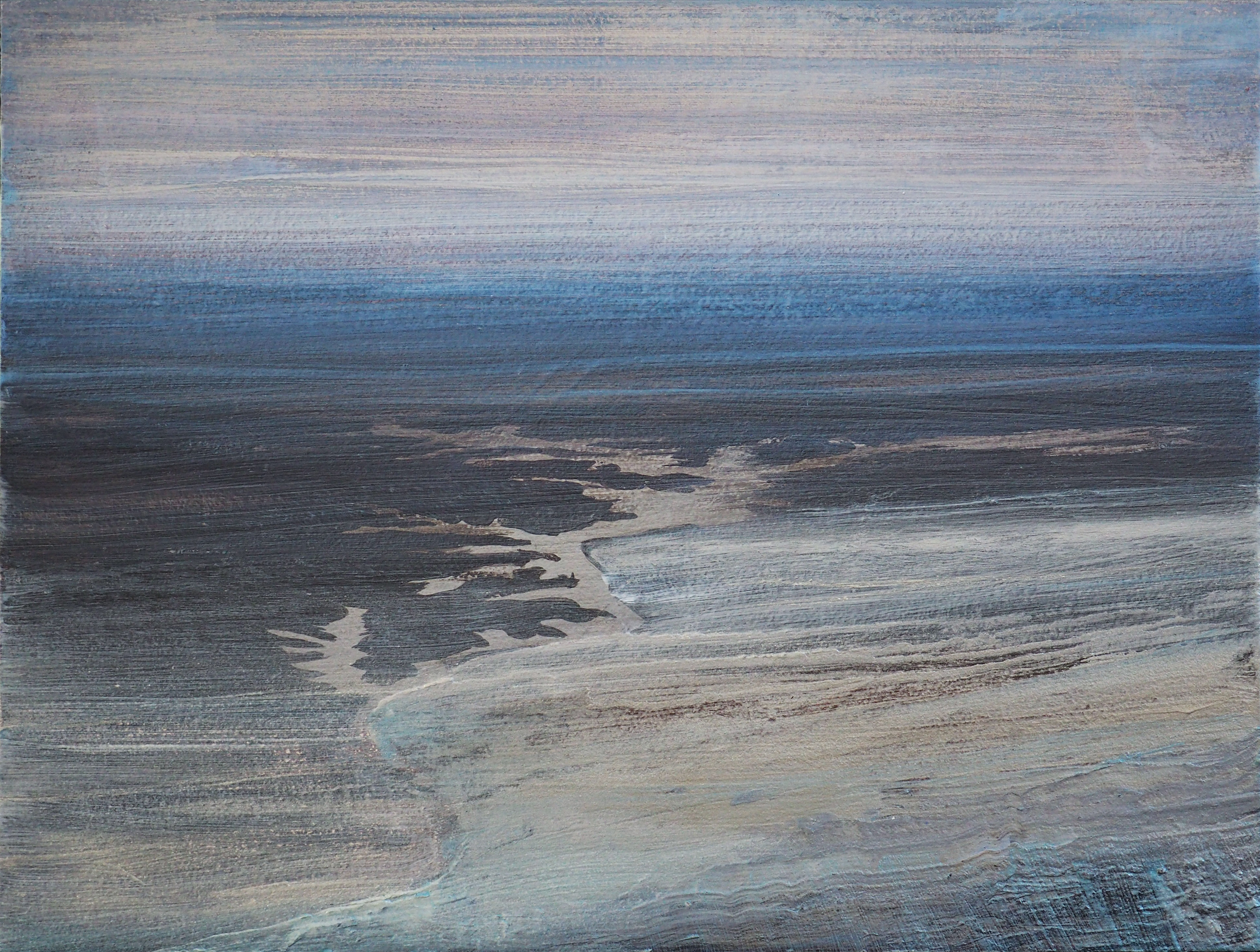 Aerial view of a winding river or waterway cutting through forested terrain, rendered in muted tones of blue, gray, and brown with horizontal brushstrokes creating a textured, layered surface that emphasizes atmospheric perspective and distance.