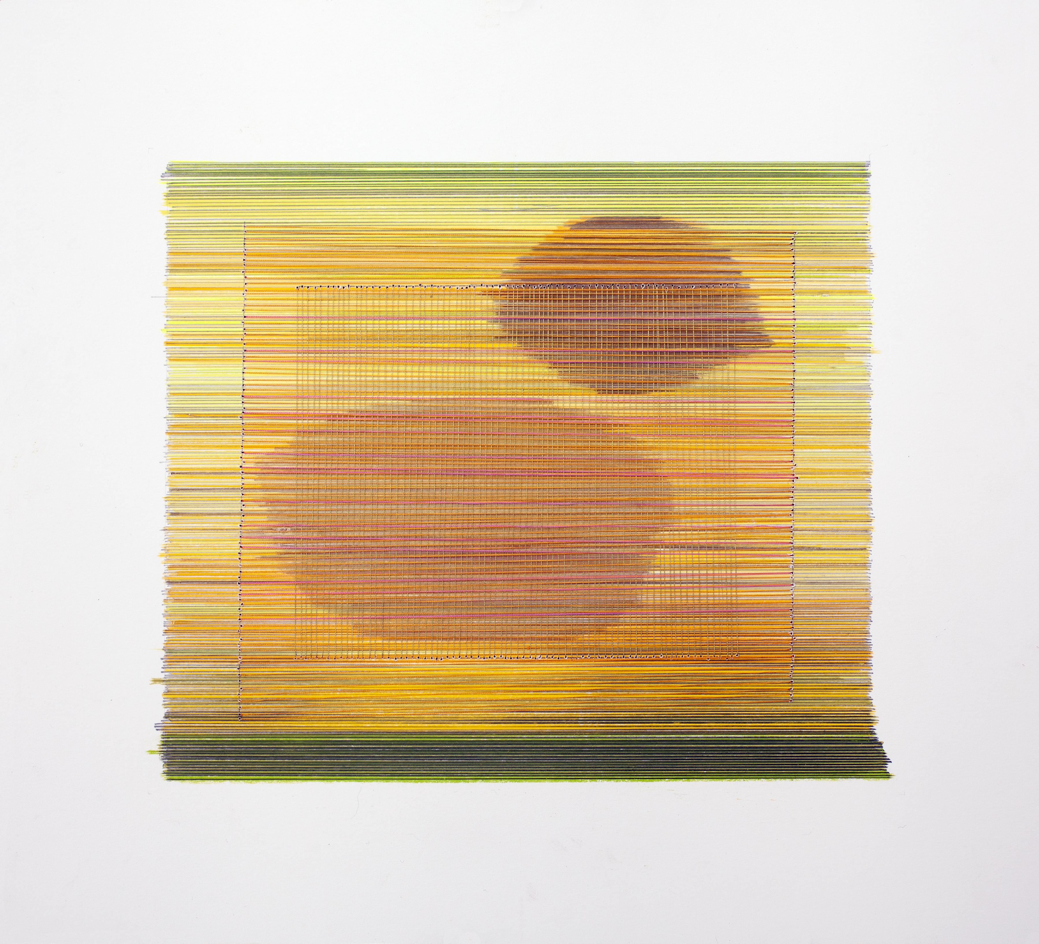 Horizontal layers of colored pencil lines in shades of yellow, orange, and green create an abstract composition with a darker reddish-brown form emerging in the center, intersected by vertical dotted lines and subtle thread elements creating a gridded overlay effect.