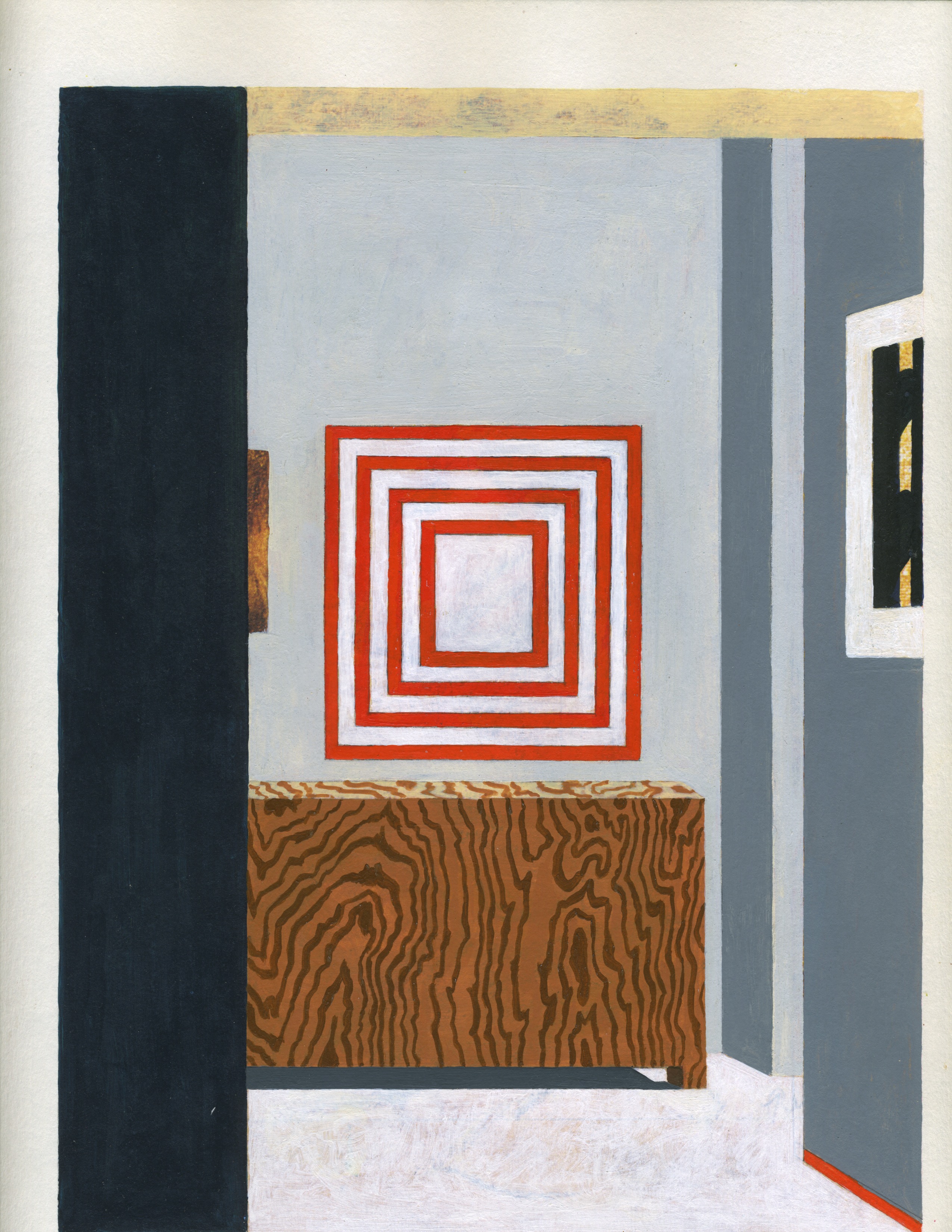 Abstract geometric composition featuring nested red and white squares centered on a light blue wall, flanked by dark architectural elements. Wood-grain patterned section in warm brown tones occupies the lower portion, with gray vertical planes and a glimpse of a dark doorway with gold detailing on the right.