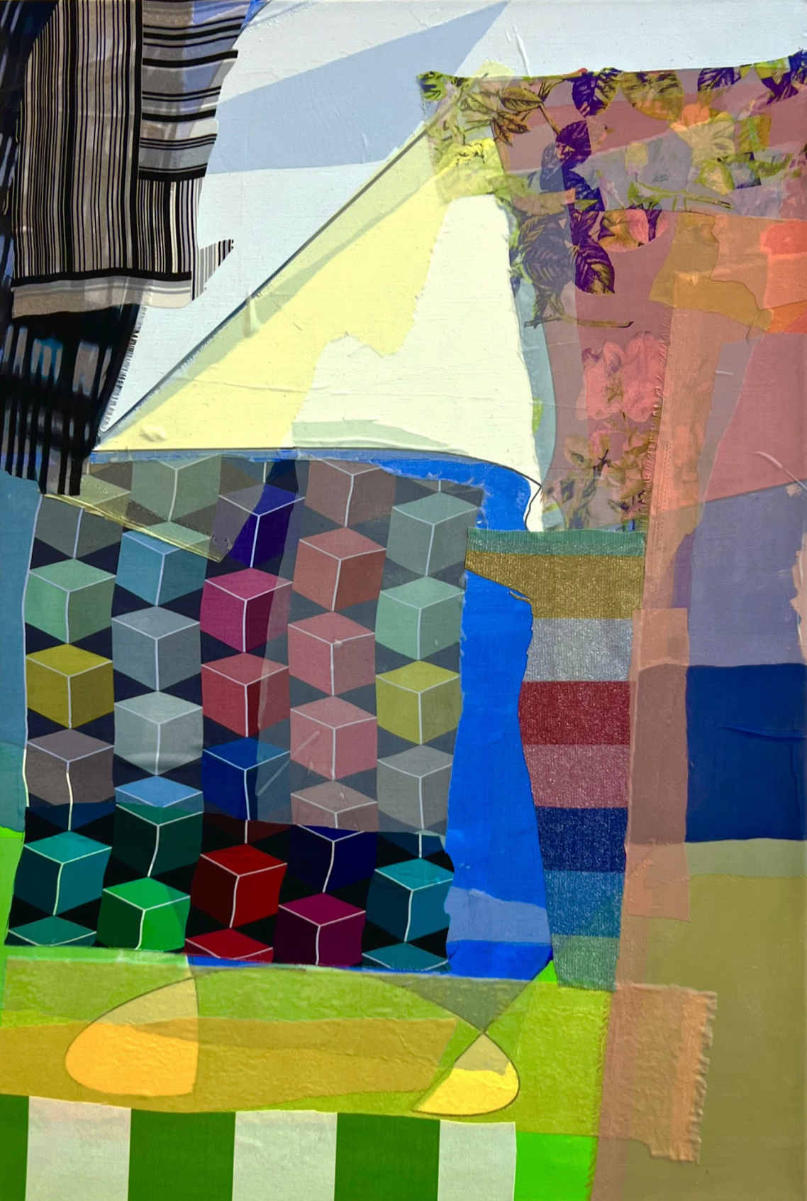 Vibrant mixed media collage layering transparent and opaque materials including patterned fabrics, geometric shapes, and bold colors—yellows, blues, greens, and purples—creating a dynamic, textured composition with overlapping planes and translucent sections that suggest depth and movement.