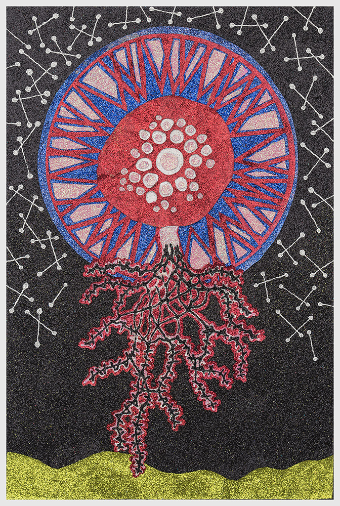 A vibrant illustration of a jellyfish rendered in red, blue, and pink against a dark speckled background dotted with white star-like shapes. The creature features a segmented bell at the top with radiating tentacles below, grounded by a luminous yellow-green horizon line at the base.