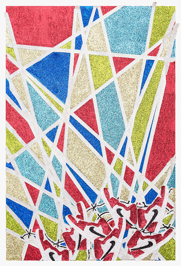 Colorful geometric composition of intersecting triangular and angular shapes in red, blue, cyan, lime green, and cream, separated by white lines and embellished with glitter. Organic black marks and numerical notations appear in the lower portion of the work.