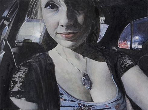 A portrait of a woman with dark hair wearing a blue dress and black lace shawl, seated in what appears to be a car interior. The work employs a monochromatic palette with selective blue tones, rendered in loose, expressive brushwork that creates an intimate, contemplative mood.