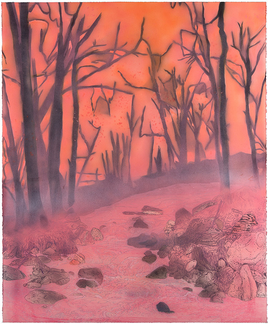 A surreal landscape with bare, gnarled trees silhouetted against a warm coral and orange sky, their branches creating intricate patterns. The foreground depicts a misty pink-hued ground scattered with dark rocks, rendered in layered colored pencil, watercolor, and acrylic that creates a dreamlike, otherworldly atmosphere.