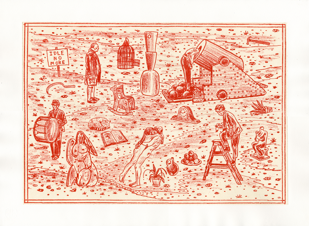Red woodblock print depicting a chaotic domestic scene with multiple figures engaged in various idle activities scattered across a textured ground. The composition includes people playing instruments, lounging on furniture, climbing ladders, reading, tending to plants, and engaging in leisure pursuits, with a "Idle No More" sign visible in the upper left corner.