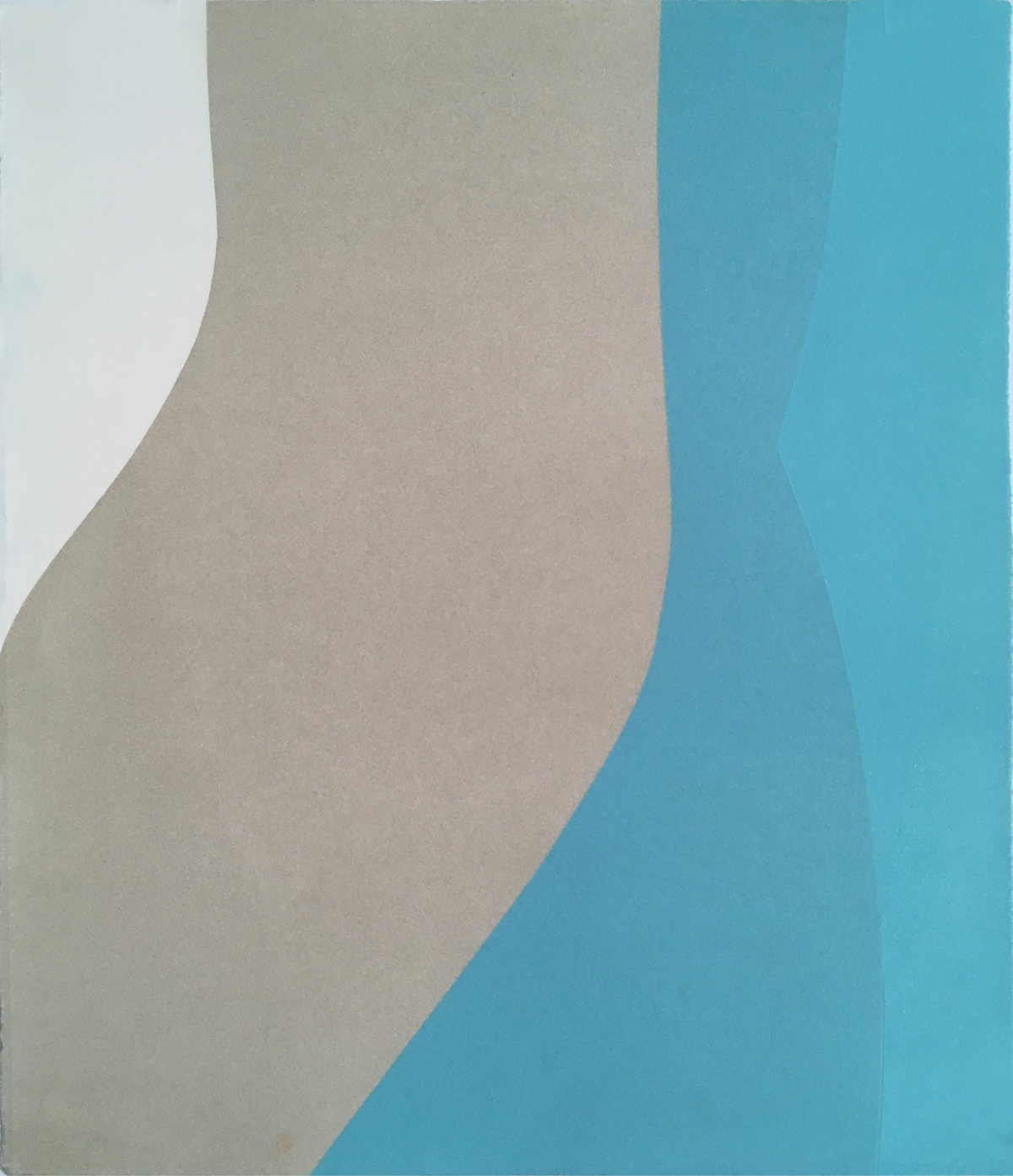 Abstract composition featuring a curved, organic division between a soft beige left side and a vibrant turquoise right side. The undulating boundary between the two color fields creates a sense of fluid movement across the vertical rectangular format.