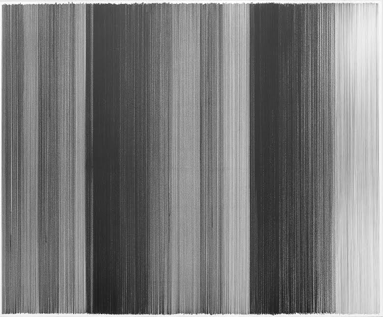 Vertical graphite lines of varying widths and densities create a rhythmic pattern across a white ground, transitioning from lighter gray tones on the left through darker charcoal blacks in the center to bright white on the right, suggesting movement and temporal progression.
