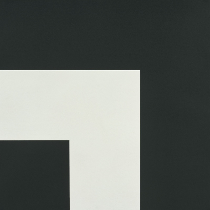 Geometric composition of three rectangular color fields: a light cream-white panel in the center, flanked by dark charcoal gray-black sections on the left and right, with the left portion extending lower than the right, creating an asymmetrical arrangement.