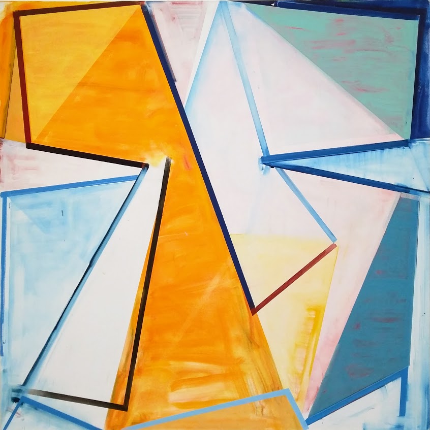 Abstract composition of overlapping geometric shapes—triangles and trapezoids—outlined in bold black and blue lines against a white background. Translucent planes of warm orange, yellow, and cool turquoise create layered depth, with visible brushwork and subtle color shifts suggesting movement and spatial complexity.