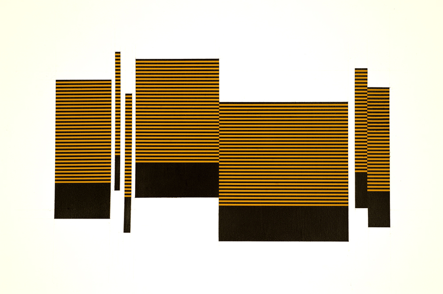 Abstract composition featuring horizontal striped patterns in ochre and black, with solid black rectangular forms at the base, arranged in a staggered architectural configuration against a cream background.