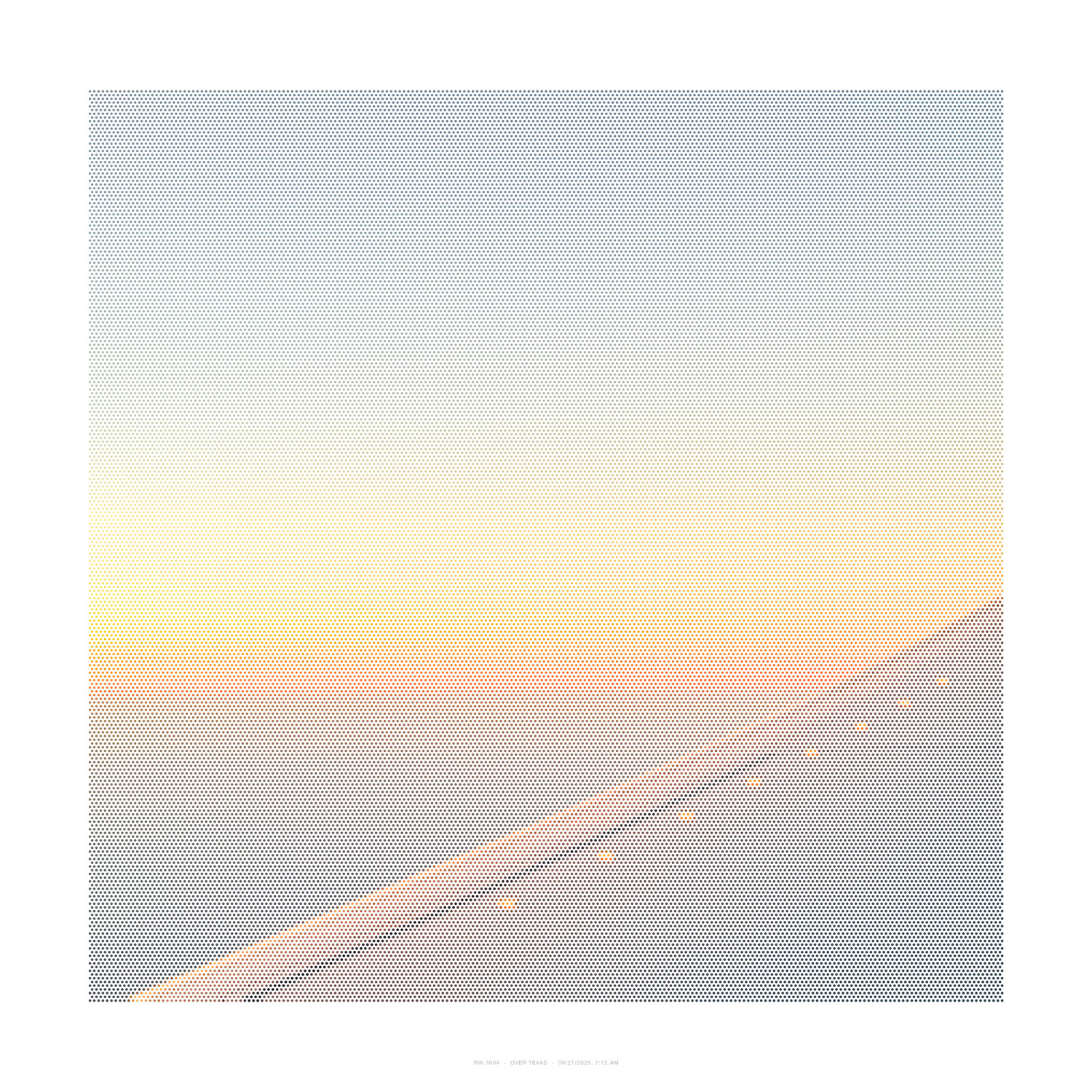 A large-scale dotted composition with a subtle color gradient transitioning from cool gray tones at the top through warm yellow in the center to soft pink and mauve hues toward the bottom, creating a soft, atmospheric effect across the entire square format.