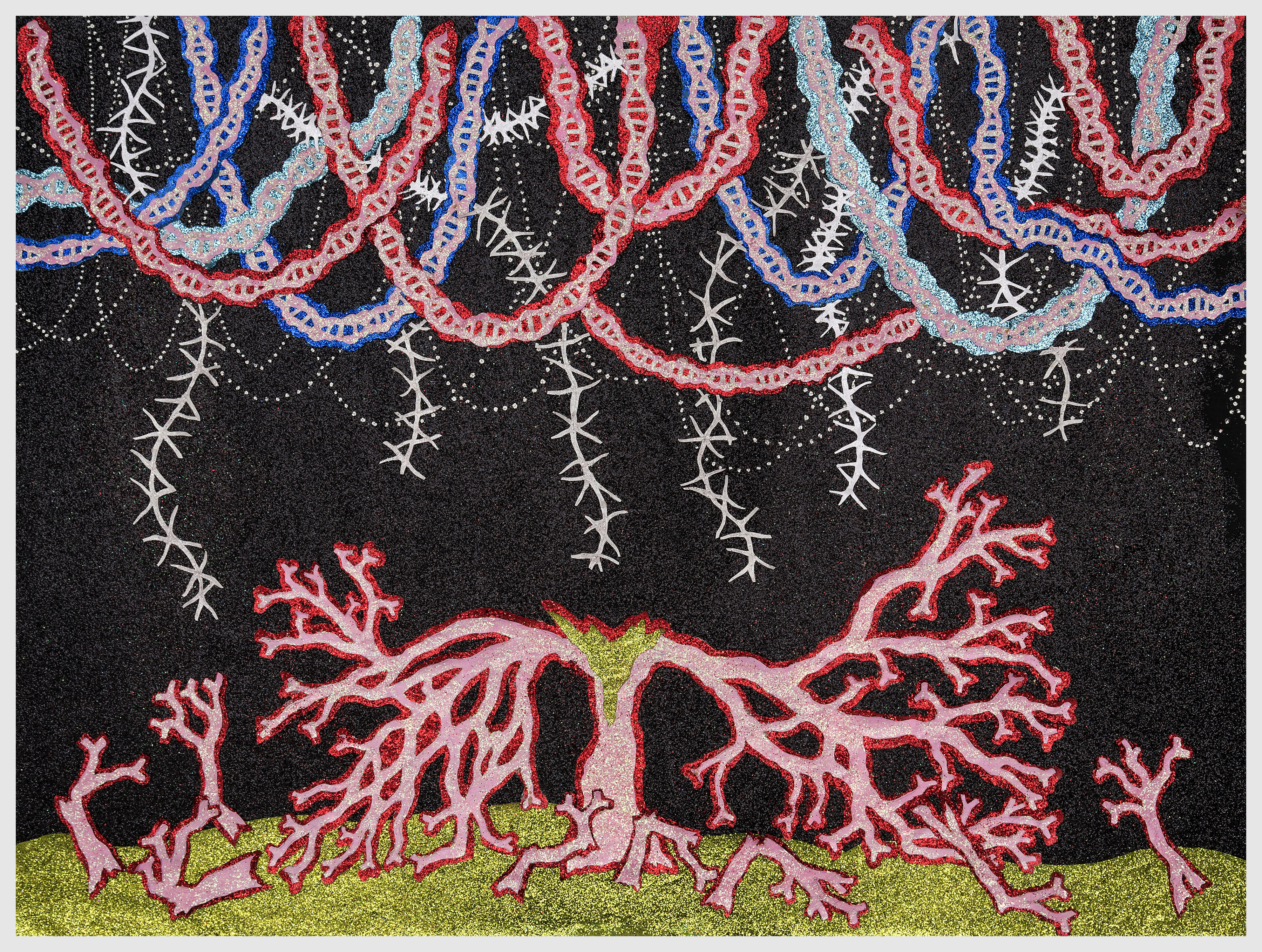 A vibrant mixed-media composition featuring a stylized tree with pink branches and a yellow-green canopy rooted in lime-green ground against a dark black background. Above the tree, ornamental swags in red, blue, and glittered turquoise hang from the top, embellished with white spiky botanical forms and delicate dotted lines, creating an intricate, layered pattern reminiscent of baroque or celestial imagery.