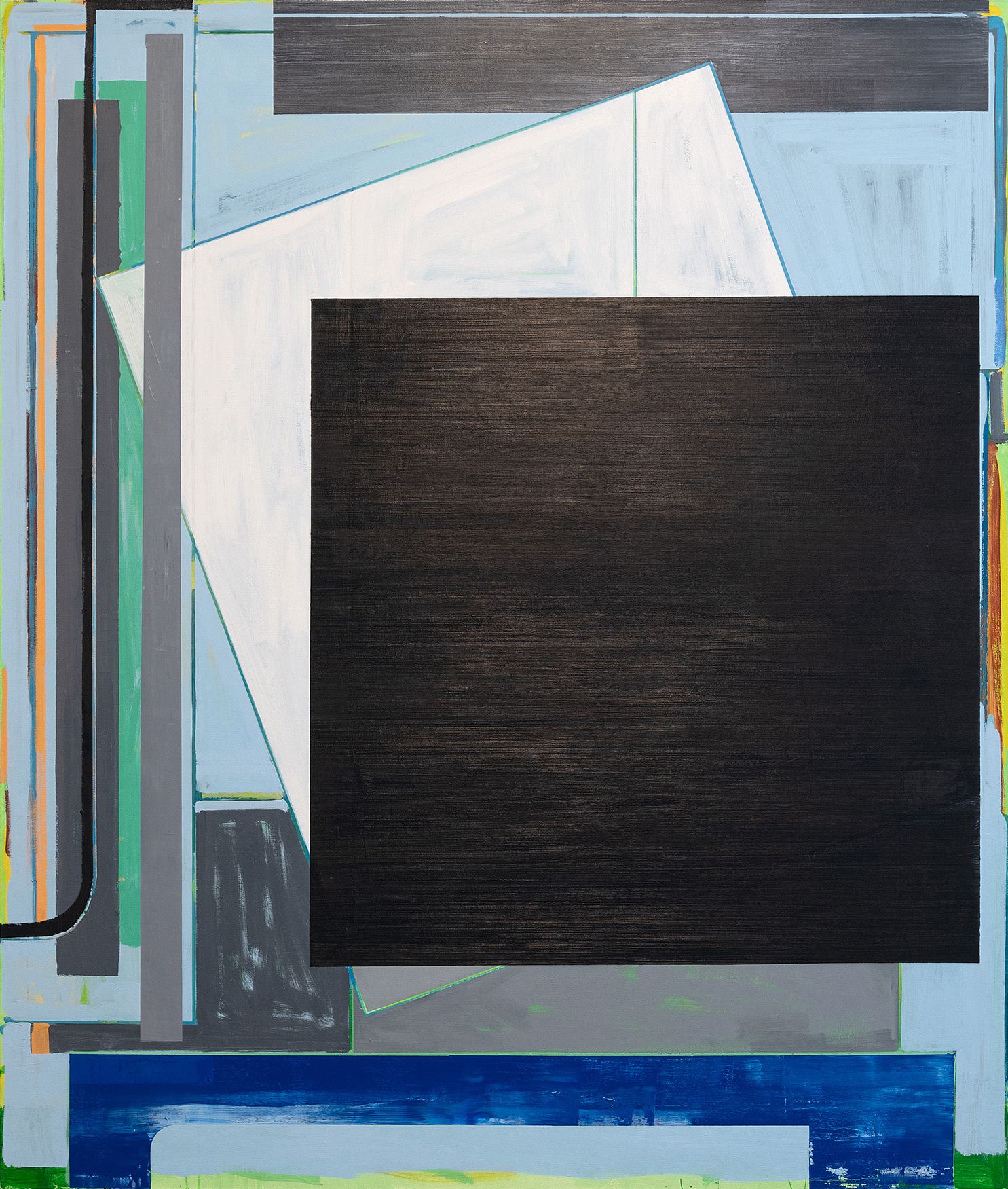 Abstract painting featuring layered geometric forms in oil and acrylic, with a large dark brown-black rectangle dominating the center, overlaid on cream and pale blue shapes. Surrounding elements include vertical colored stripes in orange, green, and gray on the left edge, and a deep blue horizontal band at the bottom, creating a complex composition of intersecting planes and architectural-like structures.