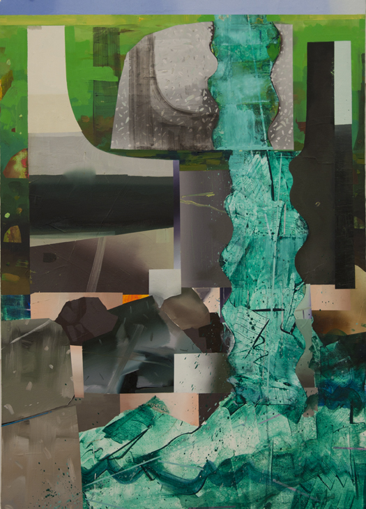 A collaged composition featuring layered rectangular fragments in varying states of opacity, combining architectural imagery, weathered surfaces, and gestural marks. Vibrant turquoise and green hues dominate the right side, while neutral tones, blacks, and earth colors create visual tension throughout the densely layered composition against a bright lime green background.