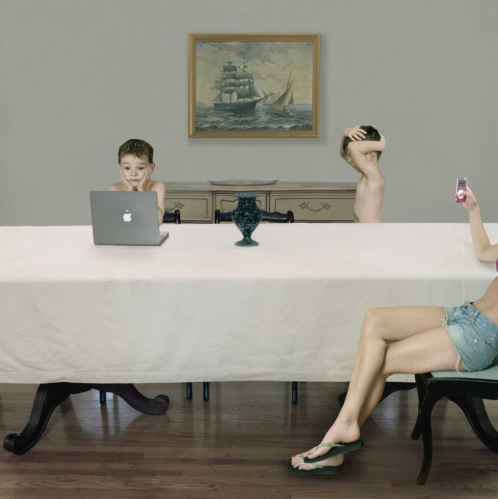 A surreal domestic scene depicts three disembodied figures positioned at a white table against a gray wall. On the left, a young boy's head rests on his hand beside a laptop; in the center, a shirtless young man gazes downward with his hand to his head above a decorative teal urn; on the right, a woman's torso and legs in denim shorts hold up a pink mobile device. A seated woman in the foreground appears disconnected from the tableau. A framed maritime painting hangs on the wall above, and classical furnishings occupy the background, creating a juxtaposition of contemporary technology with traditional domestic spaces rendered in cool, muted tones.