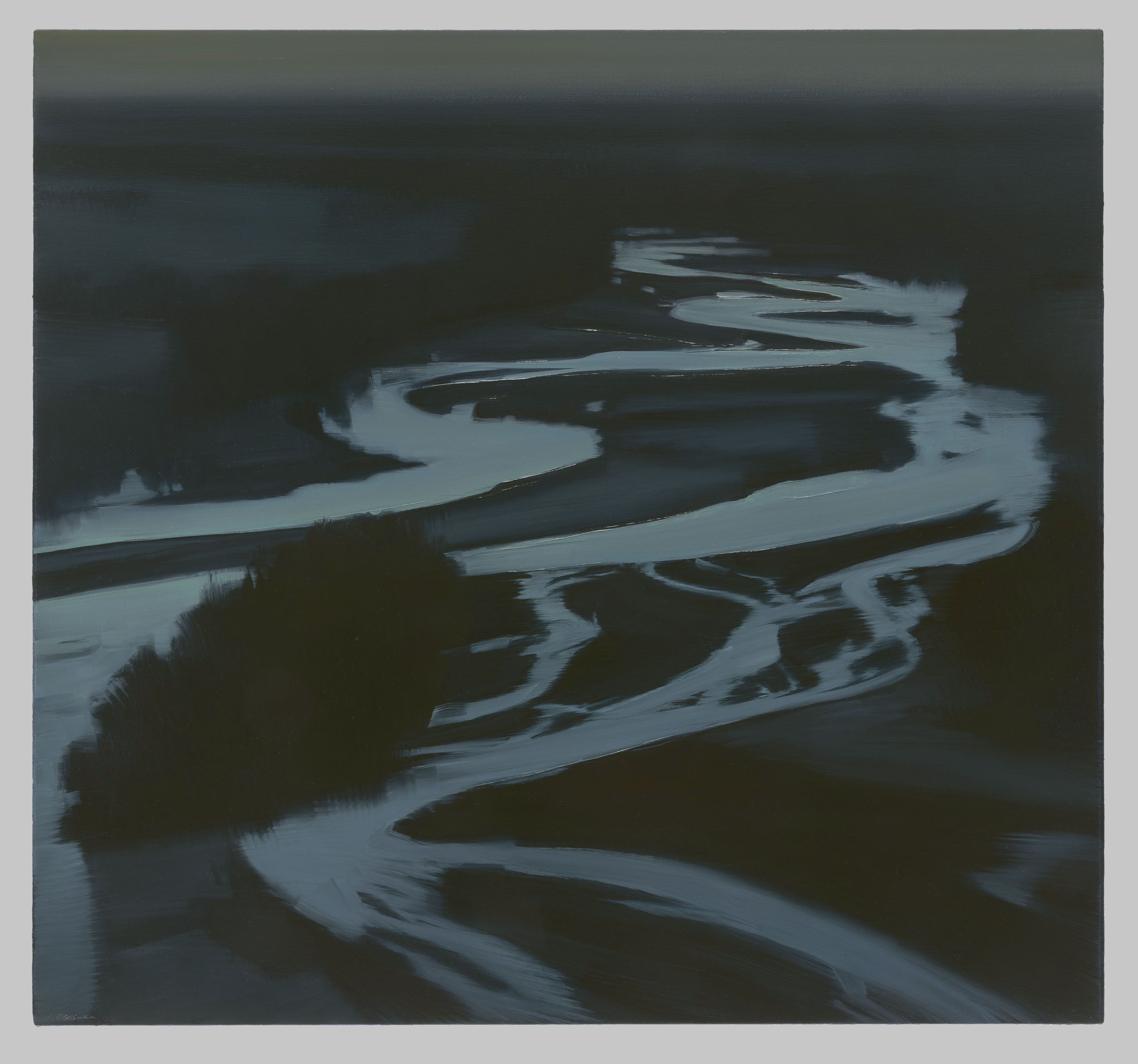 Aerial view of a winding river with pale blue-grey water snaking through dark forested land, rendered in muted tones with a moody, atmospheric quality.