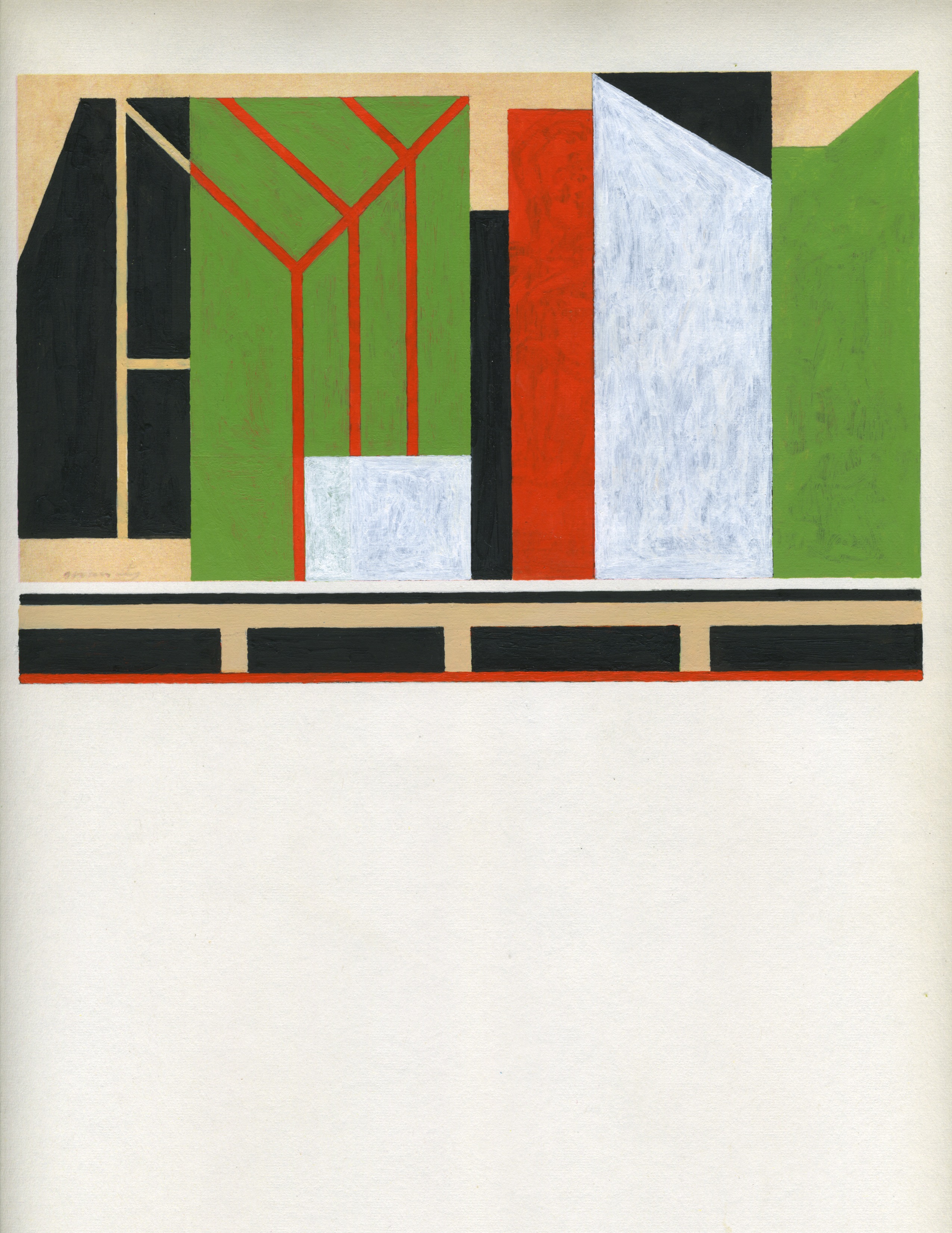 Abstract geometric composition featuring vertical rectangular forms in bright green, black, red, and white arranged against a tan background, with red diagonal lines crossing the upper section and a horizontal striped border at the base.