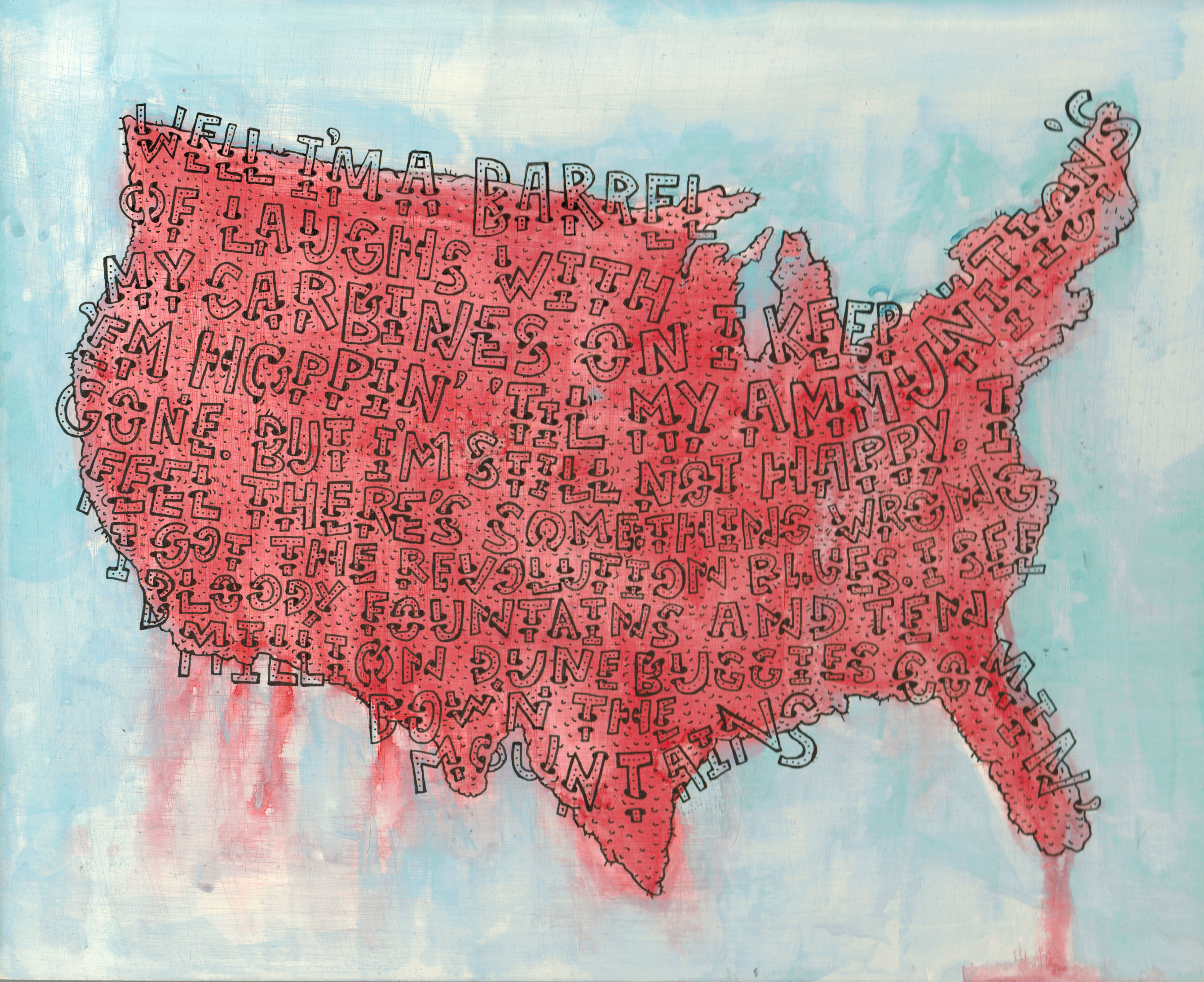 A map of the United States rendered in coral red with a pale blue sky background, its surface densely covered with overlapping handwritten text in black ink. The words form an abstract, poetic composition across the country's boundaries, with some text flowing beyond the map's edges into the surrounding atmosphere in faint red washes.