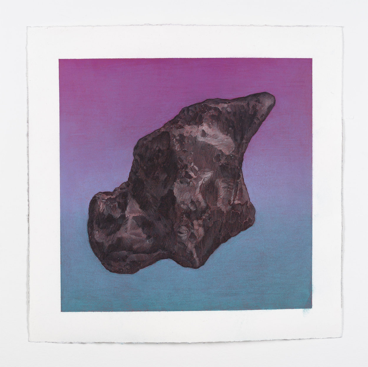 A dark, irregularly shaped meteorite rendered in rich detail against a gradient background that transitions from magenta at the top to cool blue-teal at the bottom. The rocky object is centered in the composition with visible surface texture and shadowing that gives it dimensional form against the colorful, atmospheric backdrop.