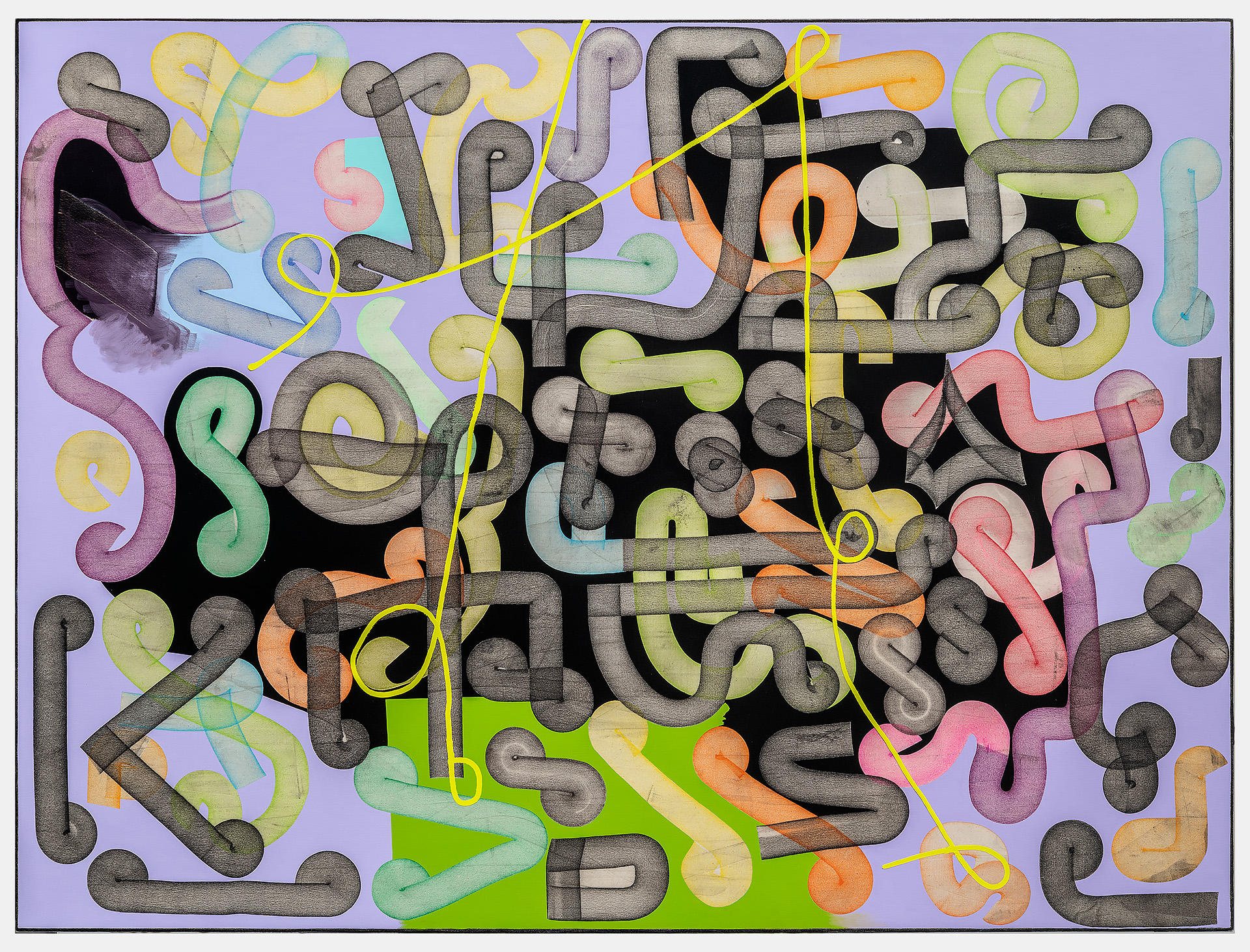 Abstract composition featuring interlocking, curvilinear forms in shades of gray, pastel pink, yellow, green, and orange against a lavender background with a black central void. A bright yellow line weaves through the layered shapes, connecting circular nodes throughout the piece, creating a sense of movement and interconnection across the densely patterned surface.