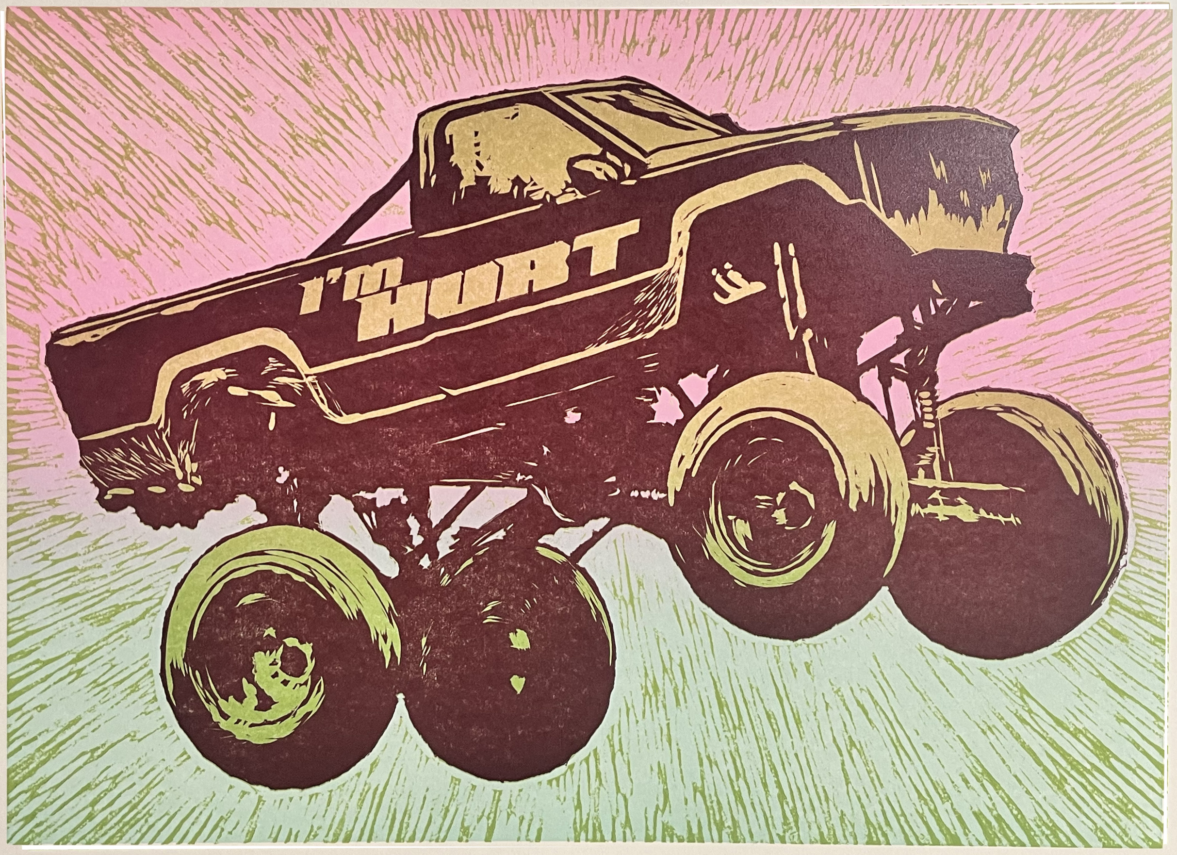 A linocut or woodblock print depicting a vintage truck viewed from a low angle, rendered in bold dark burgundy and cream tones against a radiant pink and pale green background. The composition emphasizes the vehicle's imposing scale and dynamic forward momentum through dramatic perspective and expressive linear hatching throughout.