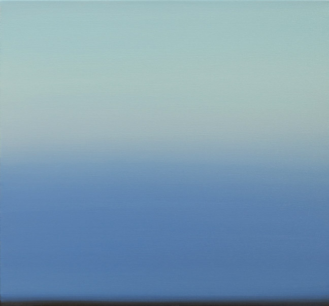 A minimalist composition featuring a horizontal gradient that transitions from pale gray-green at the top through soft blue tones to deeper blue at the bottom, with a dark horizontal line across the lower edge.