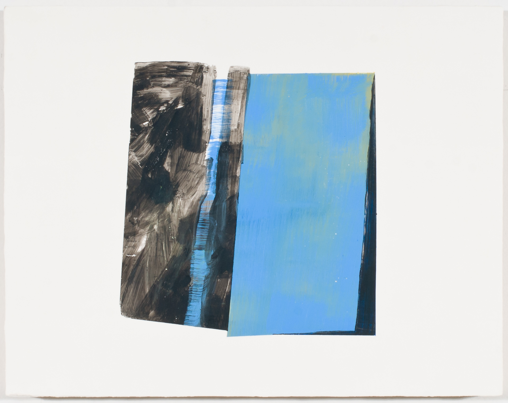 Two overlapping rectangular panels mounted on a light background. The left panel features dark, gestural brushstrokes in black and gray with hints of white. The right panel is rendered in bright blue with a subtle gradient toward yellow-green at the top edge. A thin strip of blue paint visible between them creates a vertical accent.