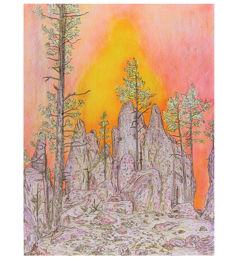 A surreal landscape rendered in soft watercolor tones depicts towering rock formations and sparse pine trees beneath a dramatic sky that glows with warm yellows and oranges fading into dusty rose and pink. The rocky outcrops are rendered in muted purples and grays with delicate linear detail, creating an otherworldly, contemplative atmosphere.