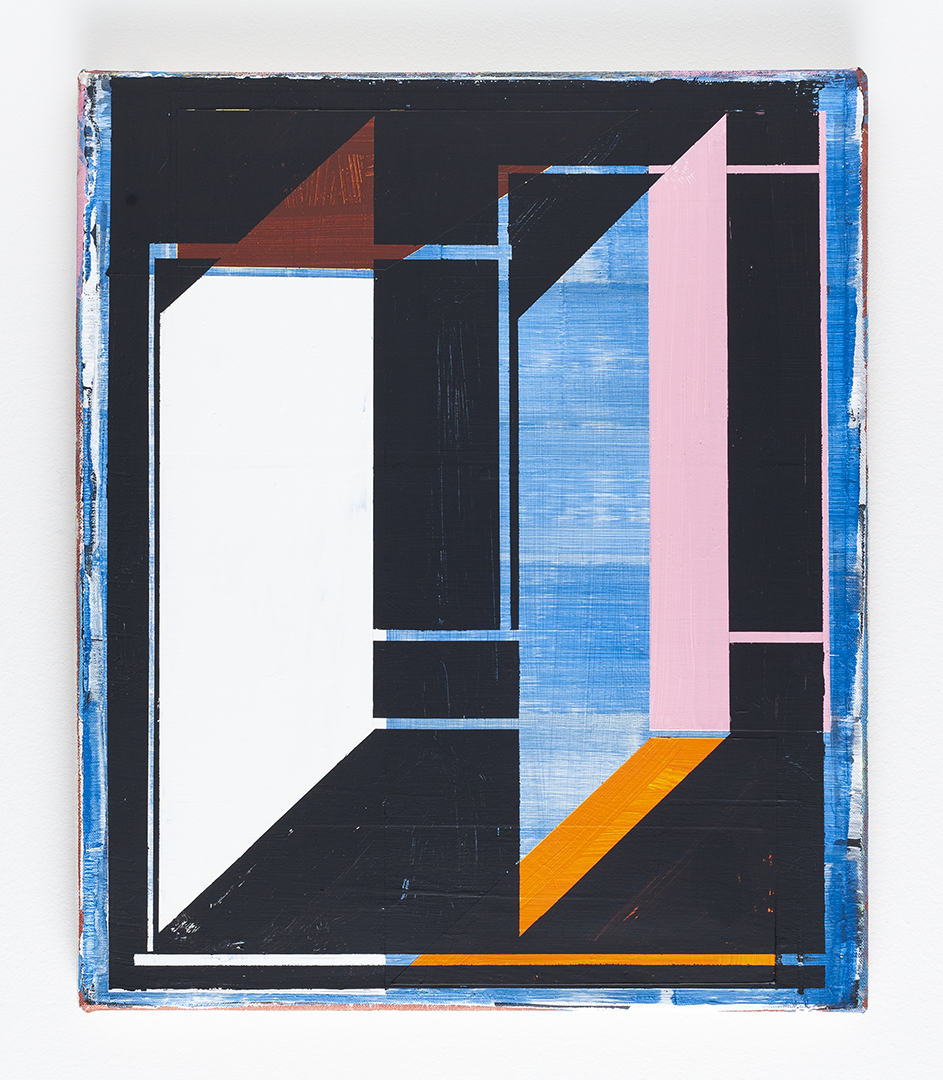 Abstract geometric composition featuring overlapping rectangular forms and planes in black, white, pink, blue, and orange, with a weathered blue border frame. The layered shapes create a sense of spatial depth through color and linear perspective.