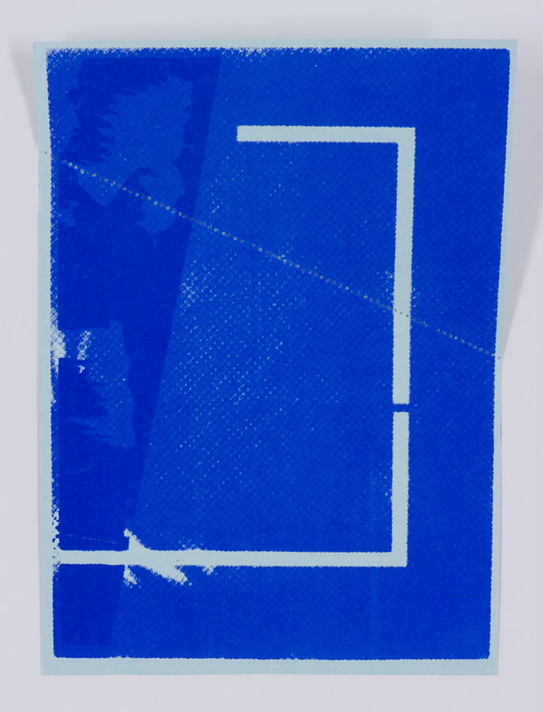 A vibrant blue geometric composition featuring a white rectangular frame with a diagonal dotted line crossing through it. The textured surface shows visible brushstrokes and speckled patterns across the cobalt blue field, with weathered white accents in the lower left corner.