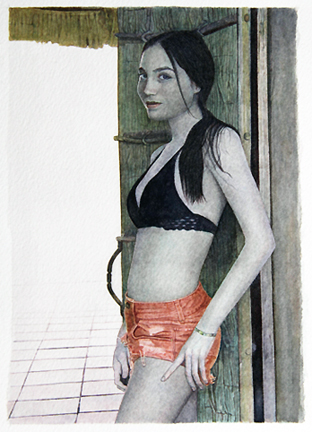A watercolor portrait of a woman in a black halter bikini top and coral-colored shorts, standing in a doorway with geometric tiled flooring. The figure is rendered in muted tones with hand-drawn quality, against an architectural interior background featuring vertical wooden elements and white walls.