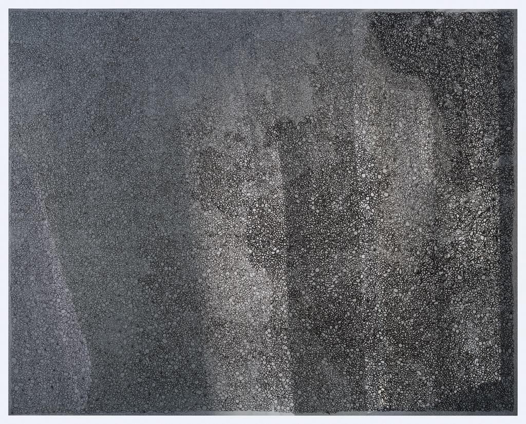 A grayscale composition with granular texture throughout, featuring vertical striations and concentrated dark passages that create depth across the surface. The work demonstrates a subtle interplay between dense, speckled areas and lighter zones, suggesting an atmospheric or reflective quality.
