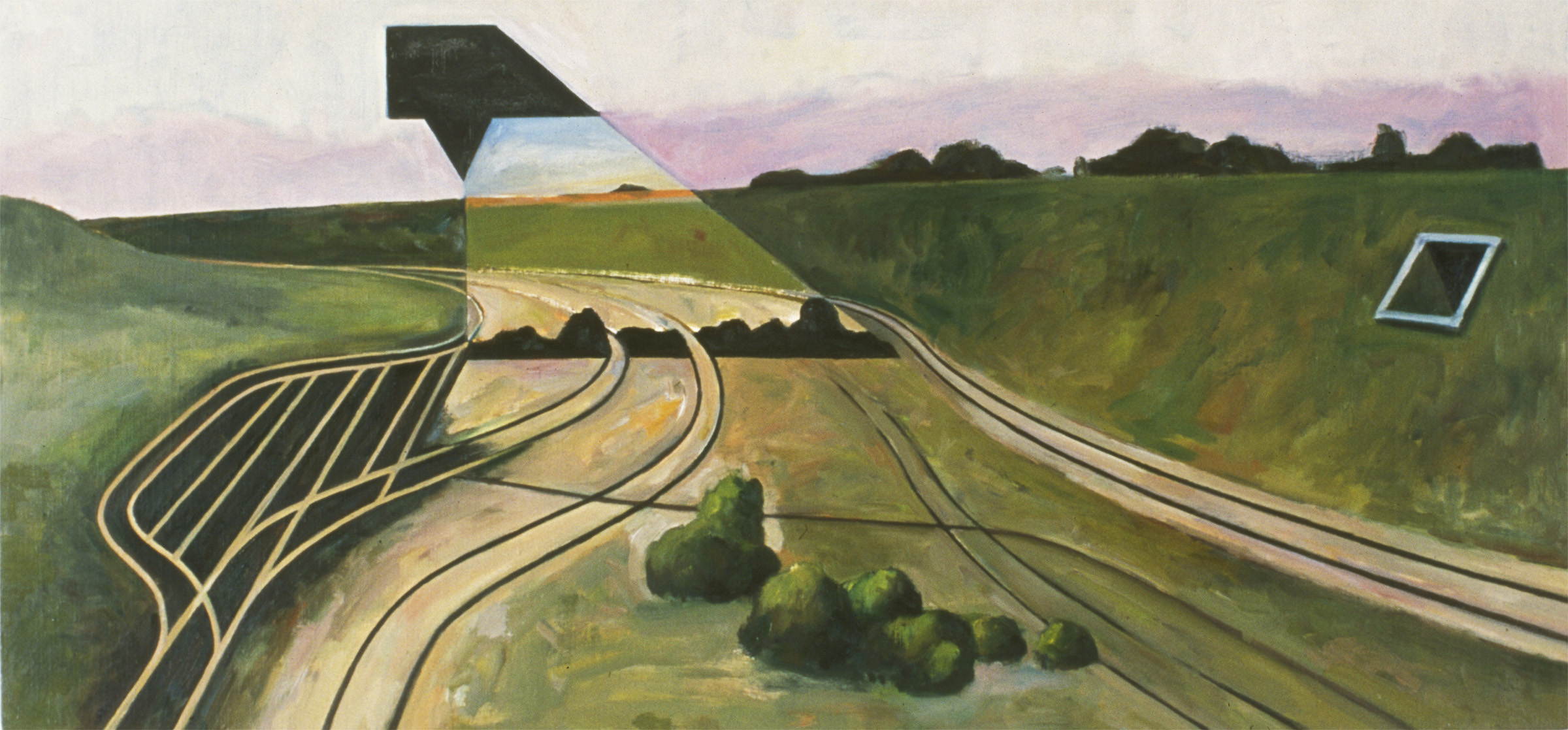 Stylized landscape painting depicting rolling green fields with curved contour lines and a distant horizon. Black geometric shapes frame the upper portion of the composition, while a pale blue rectangle appears on the right edge, creating an abstract tension between representational and geometric elements.