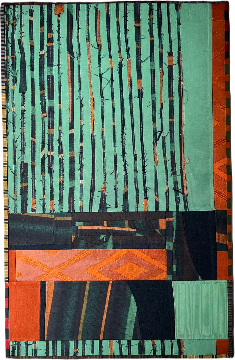 A pieced textile work in mint green, rust orange, and dark navy featuring a segmented composition: the upper half displays vertical striped patterns with organic linear marks and color blocks, while the lower half contains geometric bands and woven textures in contrasting hues, unified by a decorative striped border throughout.