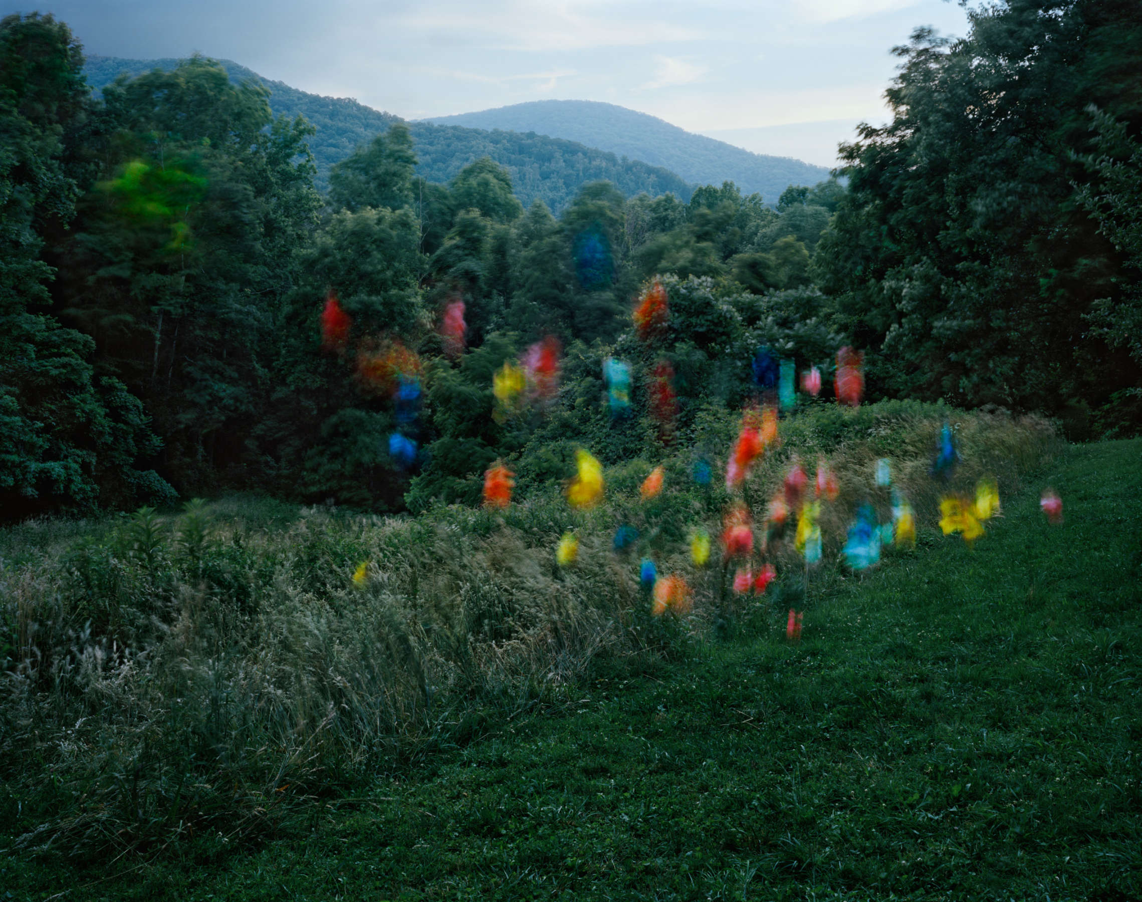 A verdant mountain valley filled with vibrant, blurred figures in jewel-toned clothing—reds, blues, yellows, and pinks—moving through an overgrown field dotted with tall grasses and shrubs. Forested hillsides rise in the background beneath a hazy sky, creating a dreamlike contrast between the sharp landscape and the ethereal, motion-blurred human forms.