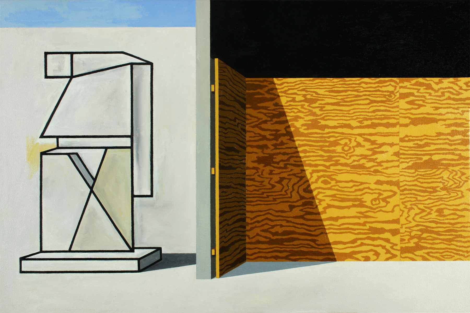 A split composition contrasting geometric abstraction with spatial illusion: on the left, a minimalist line drawing of a simplified chair rendered in black ink on pale ground; on the right, a three-dimensional interior corner with wood-grain textured walls in golden and warm brown tones beneath a black ceiling, creating the illusion of receding space.