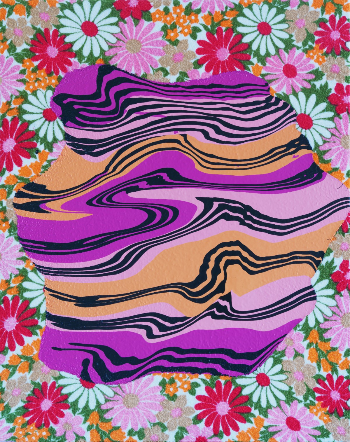 Vibrant abstract painting featuring horizontally stacked wavy bands in magenta, pink, peach, and black with black outlines, centered on a colorful floral fabric background of red, pink, white, and orange daisies with green foliage.