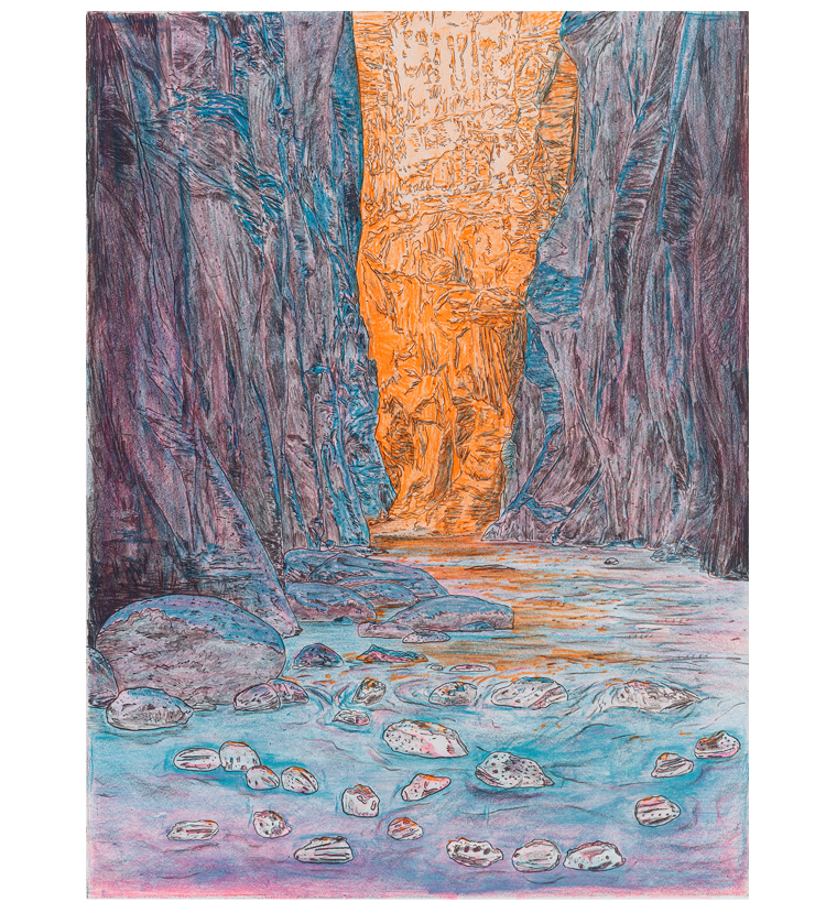 A stylized landscape depicting a narrow canyon or gorge with towering purple and gray cliff walls framing a bright orange-yellow rock formation in the center. The foreground shows a shallow stream or water bed rendered in turquoise and pink tones, scattered with numerous rounded stones outlined in dark contour lines. The entire composition uses expressive, linear marks and a vibrant color palette to create a sense of depth and movement through the natural passage.