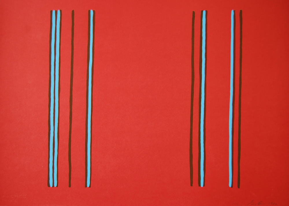 Vertical stripes in turquoise and dark brown arranged in two groups against a bright red background, creating a rhythmic, minimalist composition with clean geometric forms.