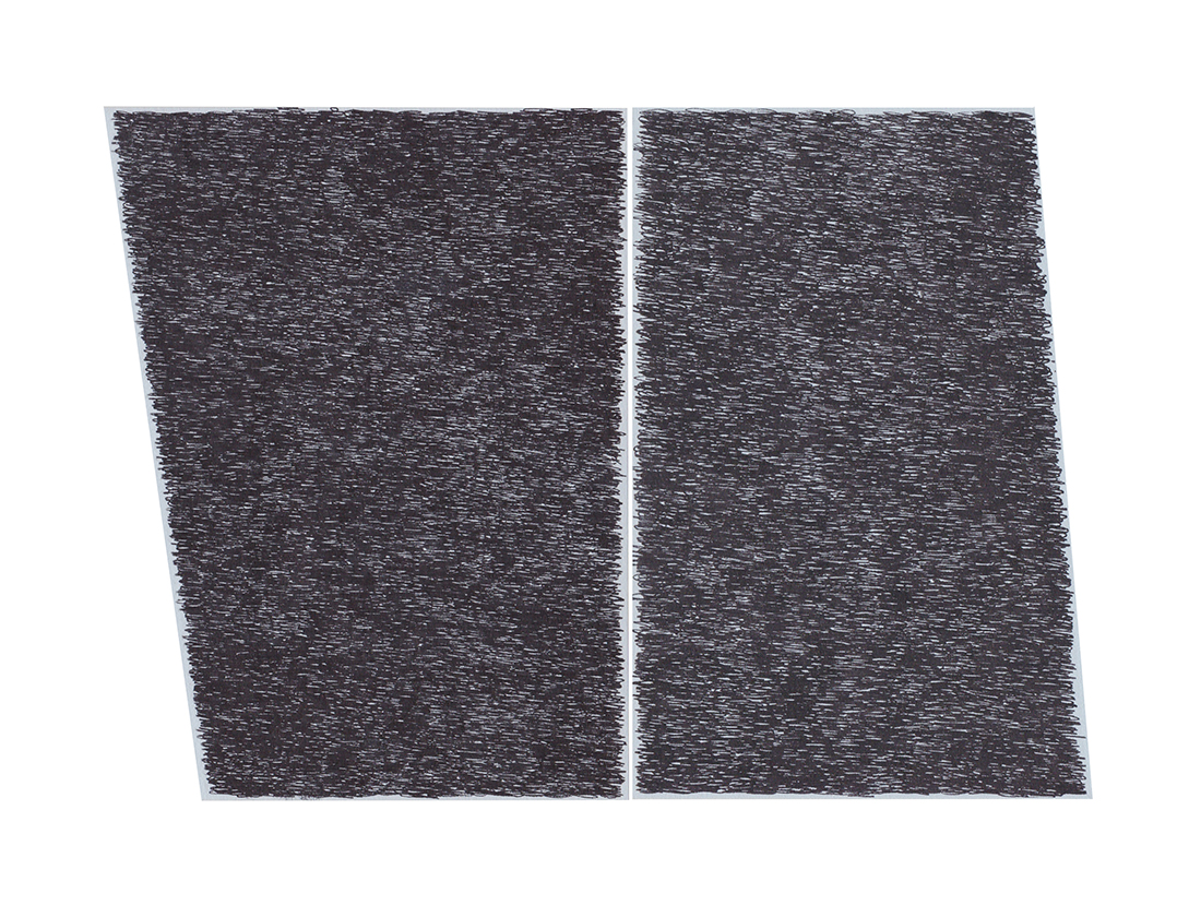 Two rectangular panels with textured surfaces created by dense, horizontal linear marks in black ink on paper, positioned side by side with a thin gap between them. The panels lean slightly inward, creating a subtle trapezoidal form.
