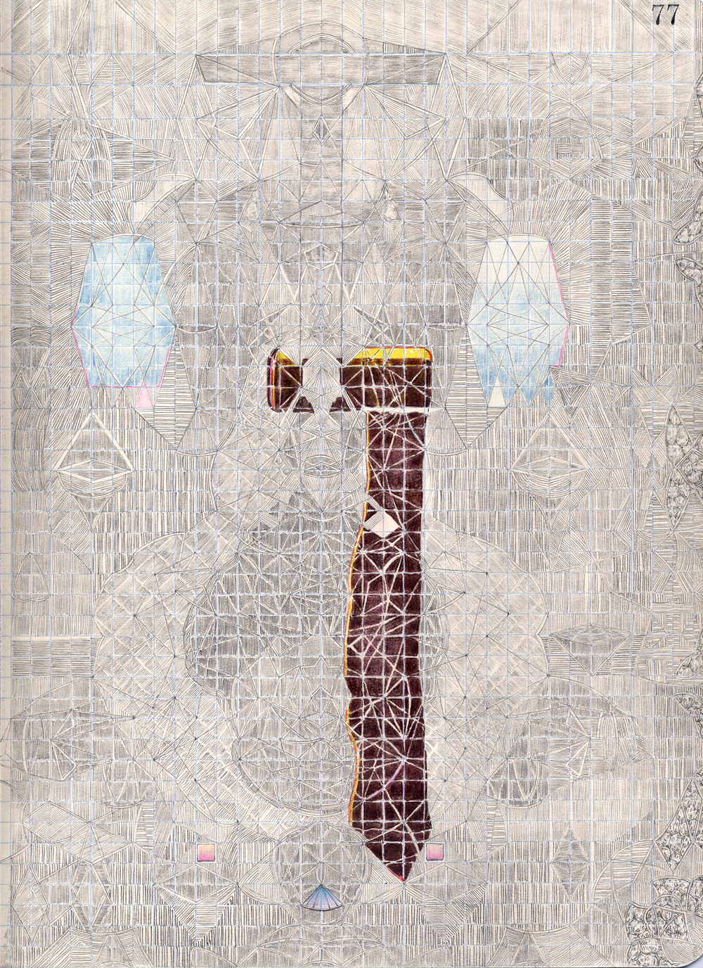 A symmetrical geometric composition featuring a central dark burgundy vertical form with gold accents, flanked by two light blue shapes on either side. The entire work is layered over an intricate background of fine linear patterns and interconnected geometric lines in graphite, creating a dense, web-like texture across the paper.