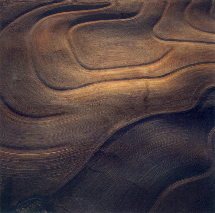 Aerial view of agricultural fields with undulating contour lines creating organic, wave-like patterns across brown and tan soil. The curved furrows follow the natural topography of the landscape, creating rhythmic striations that shift between lighter and darker earth tones.