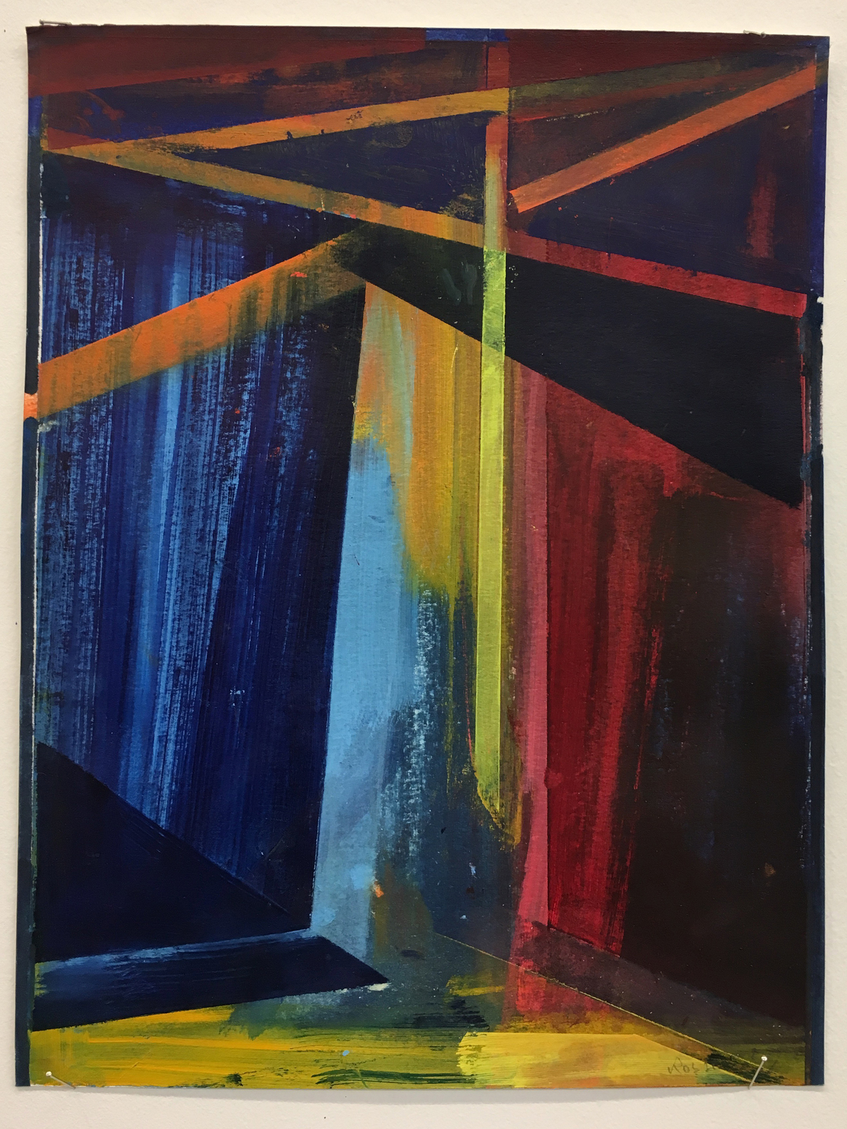 Abstract painting depicting an interior space with geometric planes in deep blue, red, and black, intersected by diagonal bands of orange, yellow, and green. Vertical striations suggest depth and movement within the composition, while a bright yellow-green passage at the base contrasts with the darker surrounding tones.