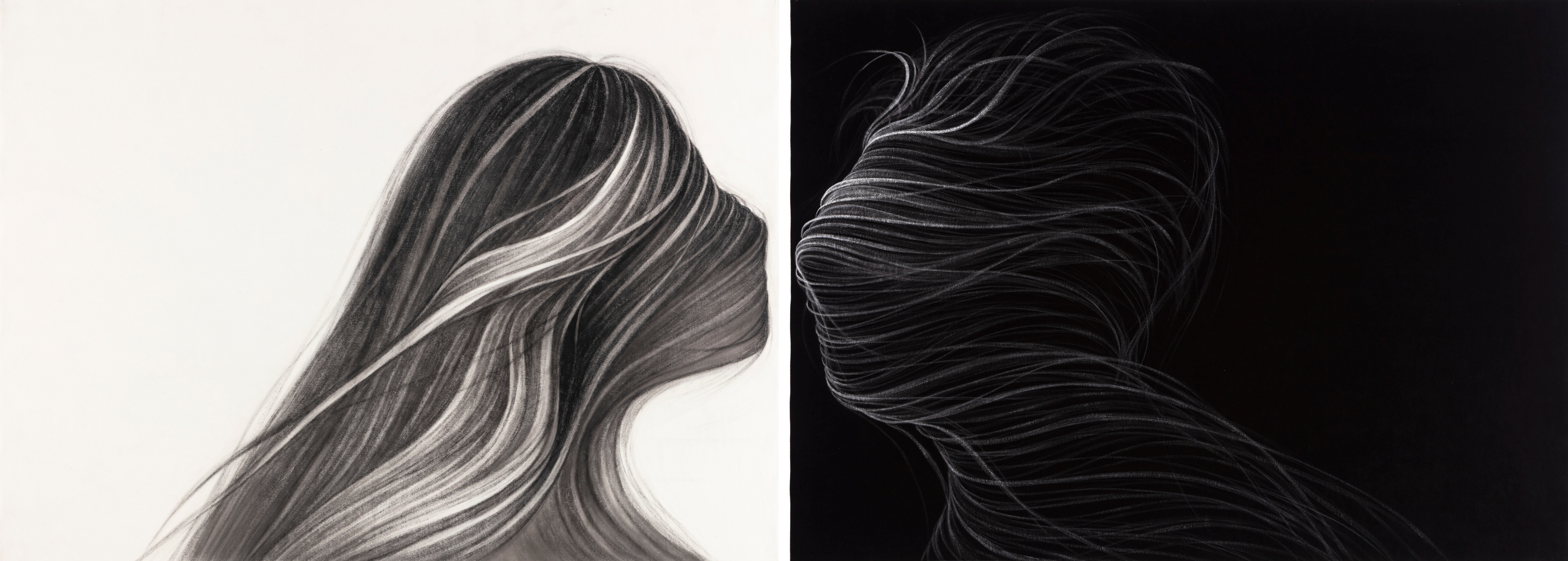 Diptych artwork depicting a figure with long, flowing hair shown in profile against contrasting backgrounds—the left panel rendered in detailed grayscale tones on a light ground, the right panel executed in white linear marks on black. Both compositions emphasize the graceful movement and texture of the hair through parallel, undulating lines.
