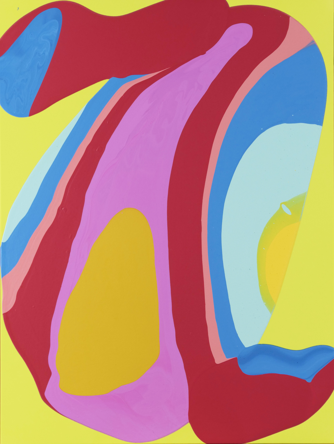Abstract composition with flowing, organic shapes in vibrant colors including magenta, crimson red, bright yellow, cornflower blue, light cyan, and salmon pink against a yellow background. Layered curved forms create a sense of movement and depth across the canvas.