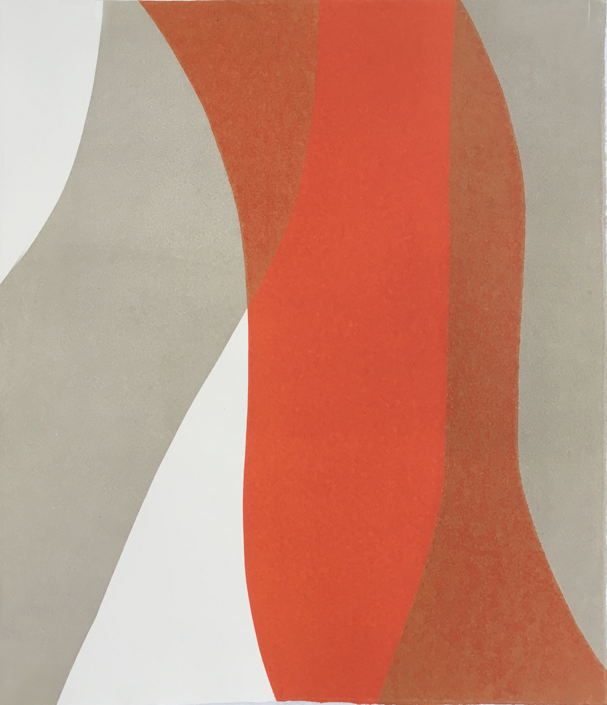 Abstract composition of overlapping curved forms in burnt orange and coral red against neutral beige and white tones, creating a sense of depth and movement through subtle gradations and layered shapes.