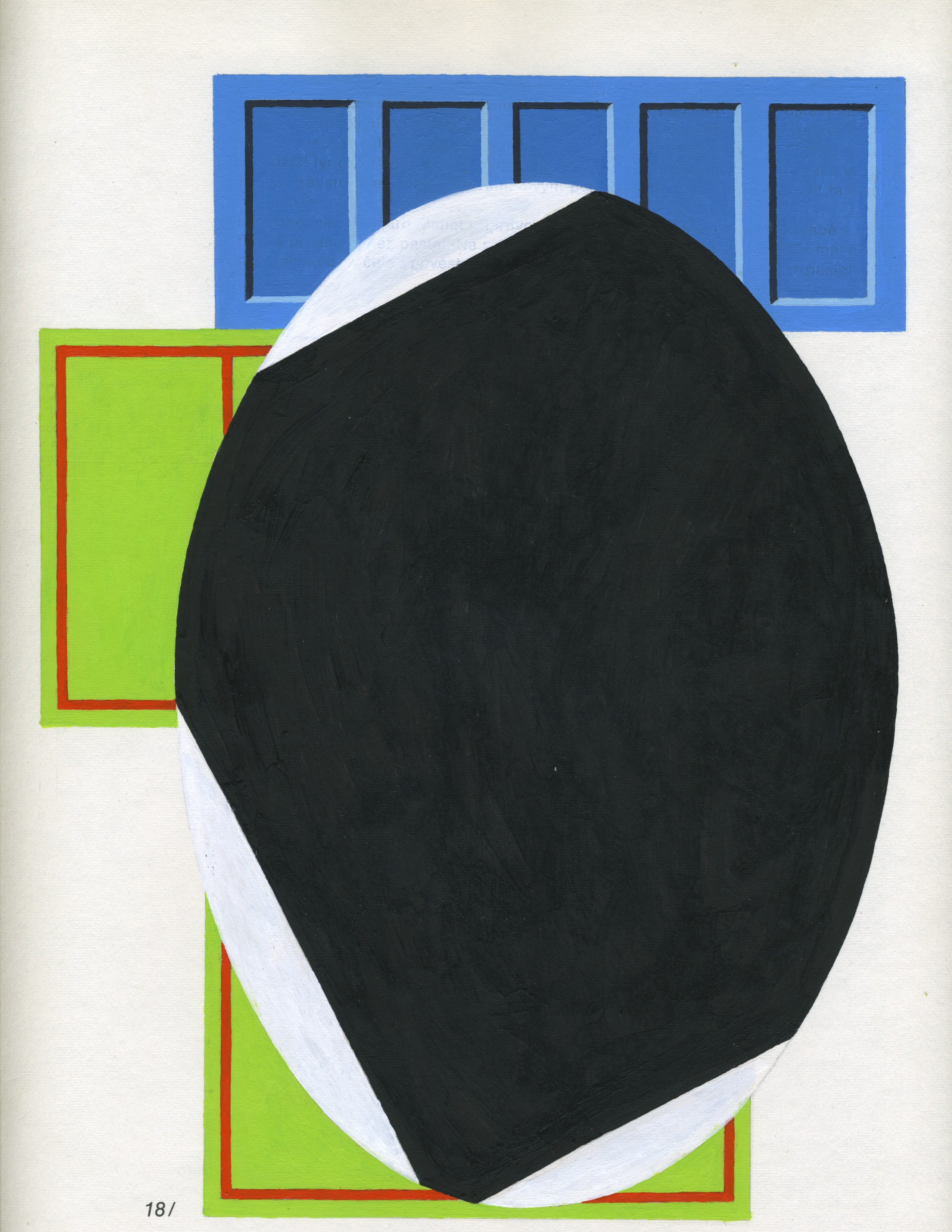 A large black oval form with white highlights occupies the center of the composition, set against a cream background. Behind it, geometric rectangular shapes in bright lime green and blue with red outlines create a layered, architectural backdrop.