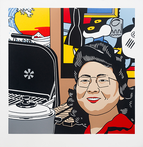 Pop art style portrait of an Asian American woman wearing glasses and red lipstick, with black wavy hair, set against a vibrant background of bold geometric shapes in yellow, red, black, and white. A vintage computer with an Apple logo appears on the left side of the composition.